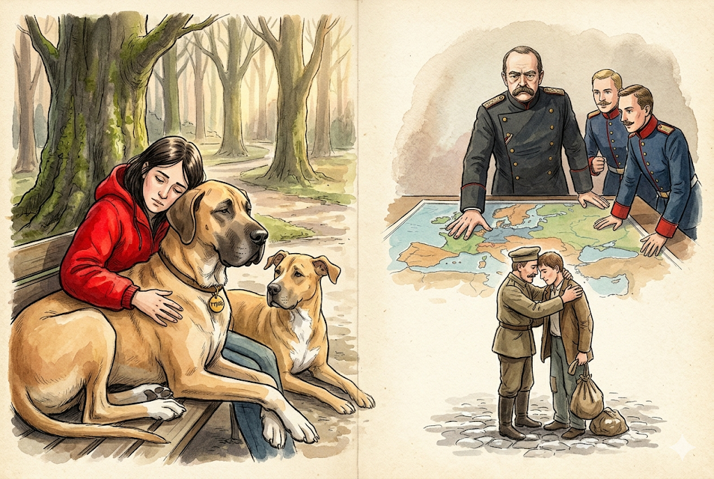 ERINNERUNGS-VIGNETTE (Bismarck verkörpert), warm-aquarellig, nur eine Spur entsättigt. BILD ENTLASTET & TIEFEN-/FOKUS-STAFFELUNG ERZWUNGEN: MAXIMAL 4 Figuren, EIN Bildraum, zwei klar getrennte Tiefenebenen. VORDERE, scharfe Ebene (Hauptgeste): der verkörperte Bismarck mit flacher Hand auf einer großen Landkarte, die zurückhält; daneben EIN junger General, der vorwärts drängt (die Geste 'er hielt zurück' muss erkennbar sein). Bismarcks Blick geht über die Karte hinaus zum Rand, wo EINE einzelne dezente fremde Fahne steht – klare Blickachse Bismarck-Hand-Fahne. HINTERE, weichere Ebene rechts, kleiner und warm in DENSELBEN Bildraum eingebettet (KEINE abgetrennte Insel): EIN Mann mit Mütze, der einen Heimkehrer an den Schultern fasst, Stirn an Stirn. GEGEN-ANKER GEGEN HEIMLICHEN SIEGER (für-10 Punkt 1, Klugheits-Achse): Spiegelbildlich, gleich dezent und gleich klein wie der heimgekehrte Bruder, links hinten an der Fahnenstange ein einzelner stiller Gegenstand – eine an die fremde Fahnenstange gelehnte, leere Mütze im Schnee, niemand dabei: das nicht heimgekehrte Gegenstück. So bleibt die kluge Voraussicht nicht die hellste, unbeschattetste Tat des Buches; auch hier ein leiser Schatten. KEINE Gesichter, keine Körper an der leeren Mütze – nur der stille Gegenstand. Kein Heiligenschein, kein Lichtspot, Bismarck gleich groß wie sonst, Haltung wach und rechnend, nicht weich-mitleidig. Milde Farben, viel Luft. STIL-DNA: Aquarell und Tinte, körnig, weiche Verläufe, kein Plastik-Look.