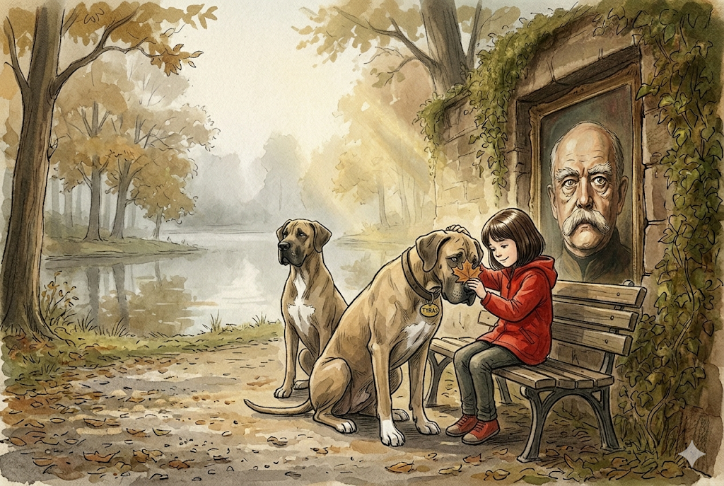 ERINNERUNGS-VIGNETTE (Bismarck verkörpert), warm-aquarellig, nur eine Spur entsättigt. SYMMETRIE-FIXIERUNG zu S.6 (für-10 Punkt 21, verbindlich): Die innehaltende Bismarck-Gestalt hier ist in Größe, Flächenanteil und Farbtemperatur MESSBAR IDENTISCH zur abgewandten Bismarck-Vignette auf S.6 – das Auge muss beide als exakt gleichgewichtiges Paar lesen (S.6 fest/abgewandt zur Tat, S.9 innehaltend/zugewandt zur Lücke). Zwei Gruppen Menschen an zwei Ufern eines Flusses, dazwischen eine Brücke, die BEREITS in der Mitte unterbrochen ist (ein fehlendes Mittelstück, die Bretter still im Wasser treibend) – nicht im Akt des Einreißens. Der verkörperte Bismarck steht am Ufer und HÄLT INNE vor der Lücke, eine Hand nachdenklich am Kinn, der Blick zur Lücke – Zweifel und offene Frage, NICHT gebrochene Reue: er sinkt NICHT zusammen, die Schultern hängen NICHT. MENSCHLICHER GEGENPOL-ANKER (Bild-Symmetrie zu S.6): auf JEDEM Ufer steht eine kleine GRUPPE Menschen (nicht ein isoliertes, verlassenes Kind), die zur Lücke schauen und nicht mehr hinüberkönnen – sie stehen beieinander, niemand wirkt allein/ausgesetzt. Beide Ufer gleich gemalt, keines im Recht überhöht. GEBORGENHEITSANKER wie auf S.6: Jule in der Park-Gegenwart am unteren Bildrand, am hellsten/größten und EINZIGER gesättigter Punkt, frontal, nah zwischen Tyras (links, Messing-Schild/Socke) und Sultan (rechts, Brustfleck/Ohr), an einen Hund gelehnt – erster Blickfang. HUNDE-STRESSTEST S.9 (für-10 Punkt 20): Hund teilverdeckt angelehnt; festgelegt sichtbar bleiben MUSS bei Tyras das Messing-Schild, bei Sultan der weiße Brustfleck. Anker-Block Bismarck: alter Mann, Vordach-Schnurrbart, etwas jünger, Augenhöhe, kein Lichtspot. KONSISTENZ-VERMERK Hunde gilt. PALETTE: gedämpft-kühl mit EINEM warmen Punkt (Jule + Hund), Symmetrie zu S.6 gewahrt. STIL-DNA: Aquarell und Tinte, körnig, weiche dämmrige Farben.