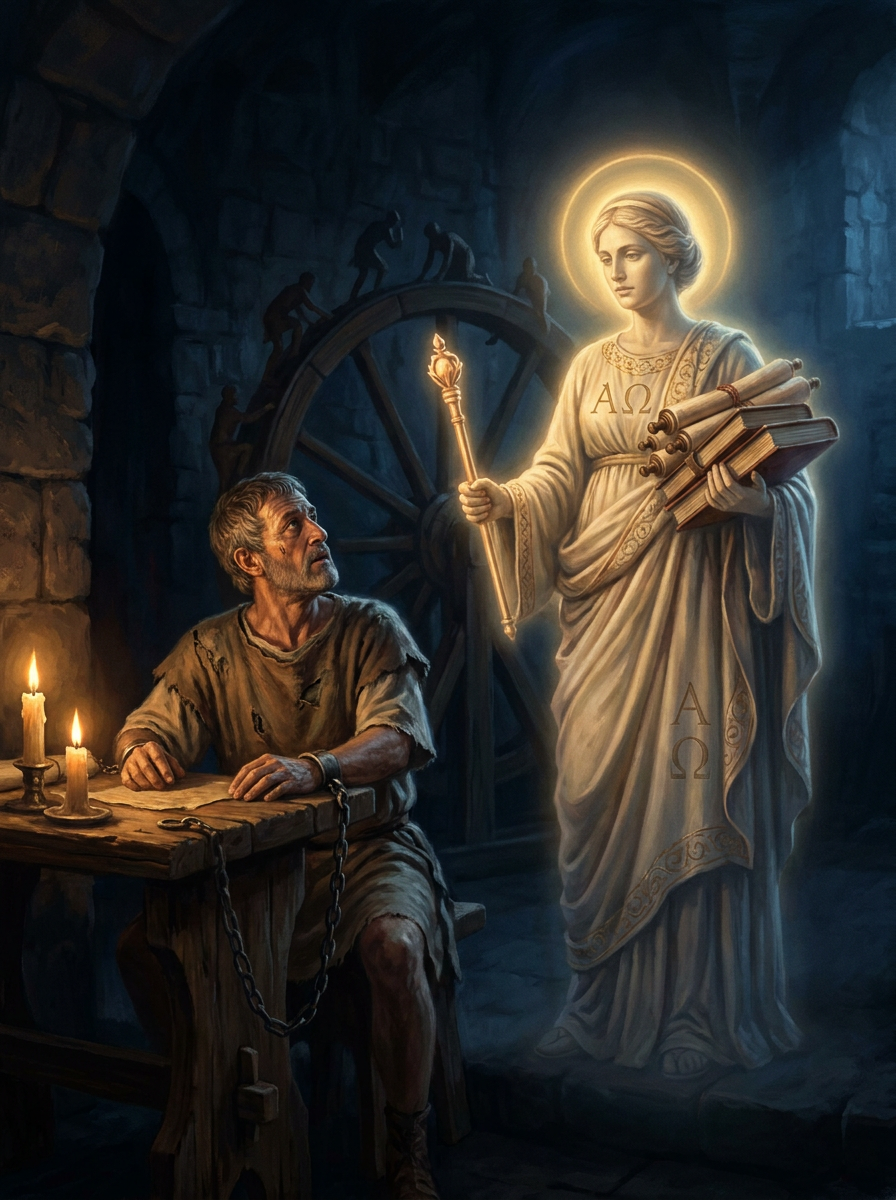 Frau Philosophia tröstet den gefangenen Boethius am Rad der Fortuna