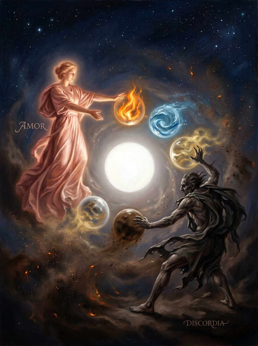 Die vier Elemente im Spannungsfeld von Liebe und Streit – Illustration