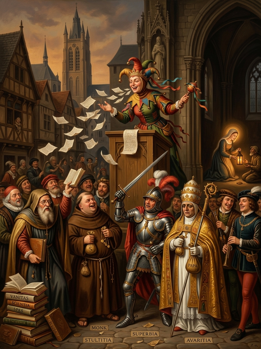 Die personifizierte Torheit hält ihre Lobrede – Illustration zum „Lob der Torheit“
