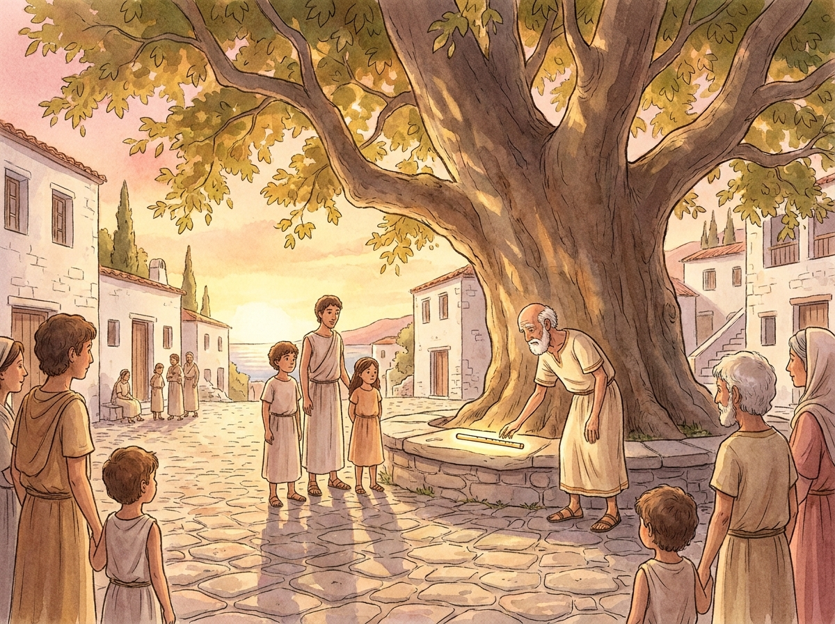 Aquarell, Abendstimmung in Gold und Rosé. Eine riesige alte Platane wirft Schatten über einen Dorfplatz mit weißen Häusern. Der alte Flötenbauer legt eine einzelne helle Flöte auf einen flachen Stein. Um ihn herum versammeln sich Dorfbewohner in einfachen Leinengewändern, gespannte Gesichter. Warmes, fast sakrales Licht zwischen den Blättern.