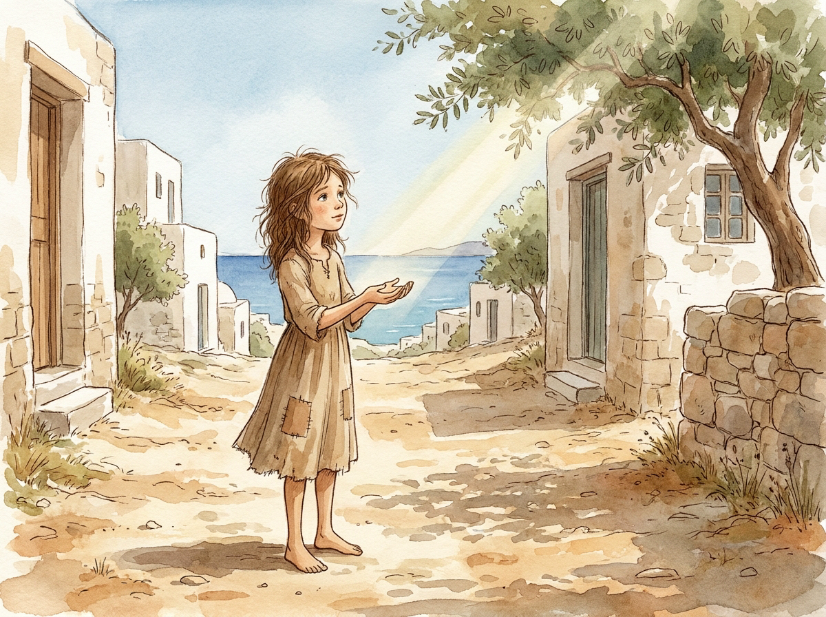 Aquarell, gedämpfte, zarte Erd- und Sandtöne. Ein schmales, barfüßiges Mädchen in einem geflickten Leinenkleid steht etwas abseits, die Hände leer und offen vor sich. Ihr Blick ist sanft, nicht klagend, sondern voller stiller Sehnsucht. Hinter ihr der staubige warme Boden, ein einzelner Sonnenstrahl fällt auf ihre leeren Hände.