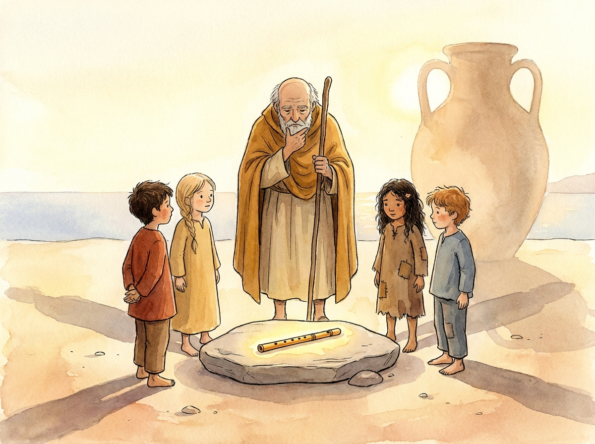 Aquarell, abendlich warmes Licht mit langen Schatten. Die alte, weise Reisende steht in der Mitte und blickt nachdenklich auf die vier Kinder, die im Halbkreis um den Stein mit der Flöte stehen. In ihrer Haltung Würde und Milde. Ganz fein im Hintergrund angedeutet, fast wie eine Erinnerung, die Silhouette eines großen Tonkrugs in der Sonne. Mediterranes Dämmerlicht.