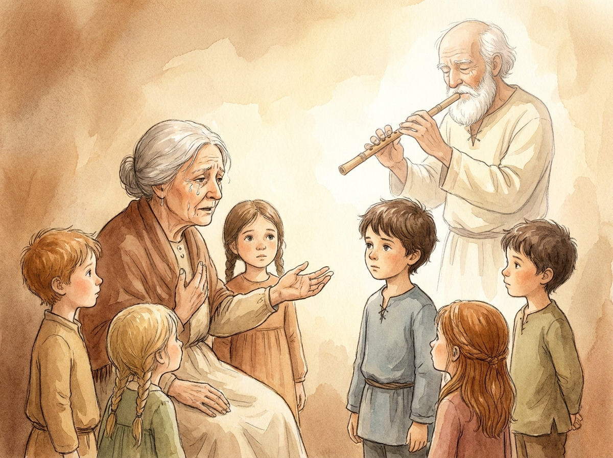 Aquarell, weiches Erinnerungslicht, etwas verschleiert wie ein Traum. Eine sehr alte Frau mit Tränen in den Augen spricht; um sie die lauschenden Kinder. Im Hintergrund, halb durchscheinend, das Erinnerungsbild des alten Flötenbauers Aristos, wie er einst spielte. Alle Blicke wenden sich langsam zu dem stillen Jungen Milo. Zarte, ergriffene Stimmung.
