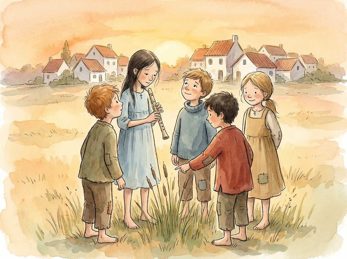 Aquarell, warmes Gemeinschaftslicht, goldene Stunde. Die vier Kinder stehen nun in einem engen Kreis zusammen, die Flöte in ihrer Mitte. Selin hält sie behutsam, Milo schaut hoffnungsvoll, Niko deutet erklärend auf Schilfrohr, Thea lächelt. Im Hintergrund das Dorf, das zustimmend zusieht. Eine Stimmung von gefundener Eintracht, ohne Kitsch.