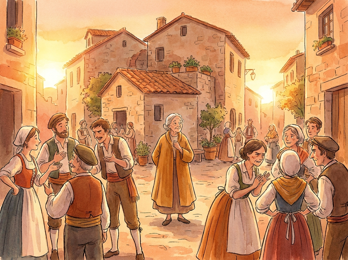 Aquarell, geteiltes Licht von zwei Seiten. Auf dem Dorfplatz stehen Gruppen von Menschen, die miteinander reden und unterschiedlicher Meinung sind, manche nicken, manche schütteln den Kopf. Dazwischen die alte Frau, gelassen, beiden Seiten zugewandt. Kein Streit, sondern lebendiges Abwägen. Warmes, vielschichtiges Abendlicht.
