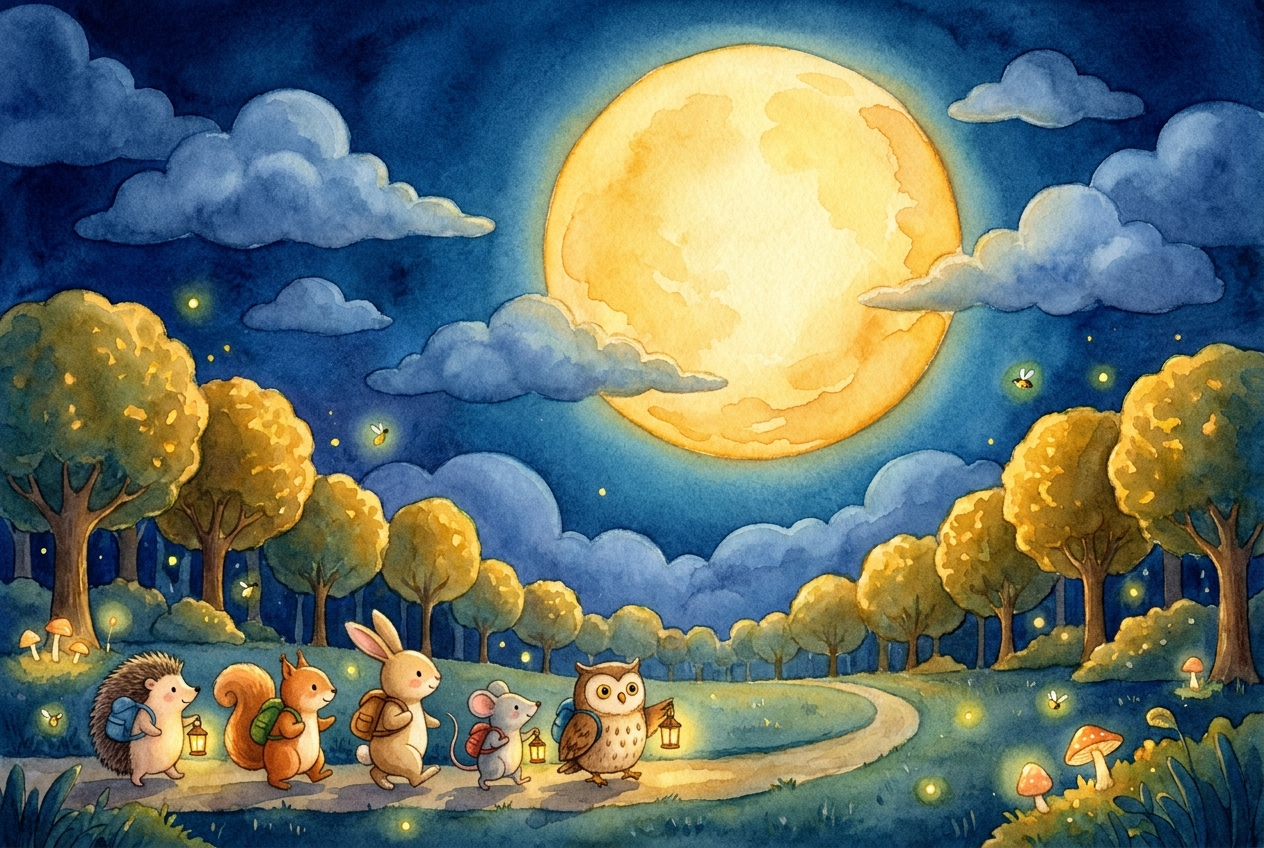 Mondheller Waldrand bei Nacht, tiefblauer Himmel, goldener Vollmond, weiche runde Baumkronen; fünf winzige Tierfiguren am unteren Rand, klein und friedlich.