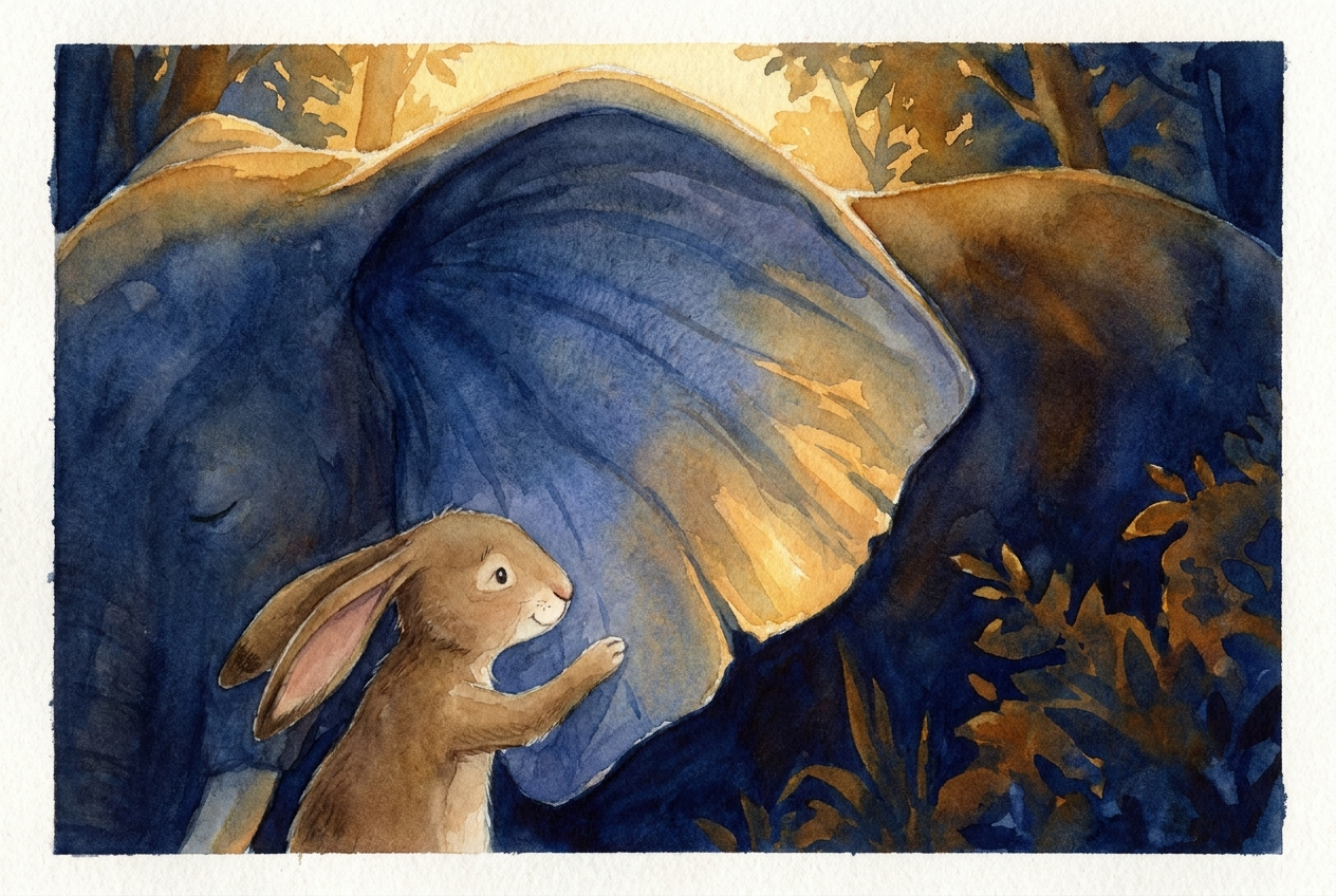 Hanno Hase steht aufgerichtet vor einer breiten, dünnen, fächerförmigen Fläche (dem Ohr), die sich im Nachtwind leicht bewegt; warmes Gold auf Tiefblau.