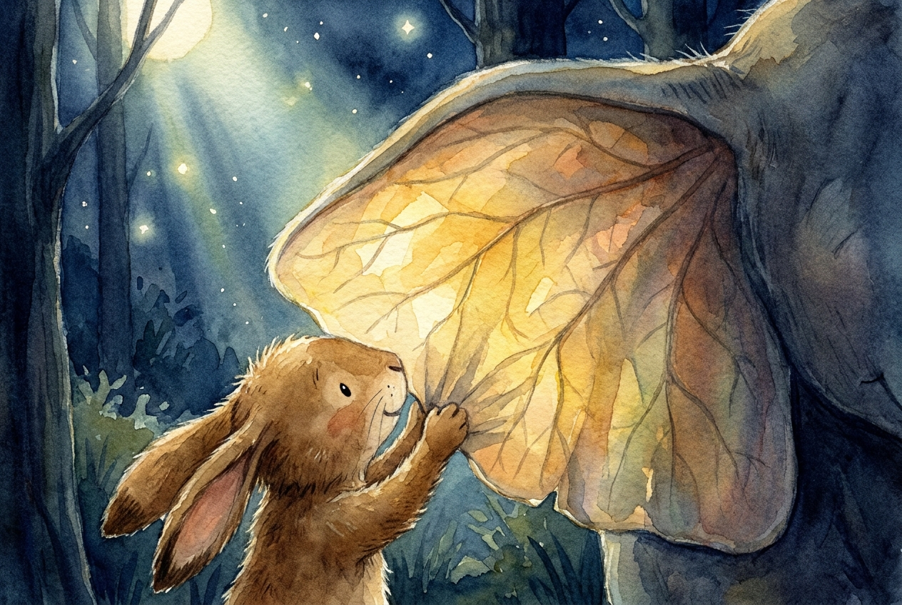 Nahaufnahme: Hannos Pfoten halten den Rand des großen Ohrs wie ein Blatt; der Hase staunt, Mondlicht scheint durch die dünne Fläche.