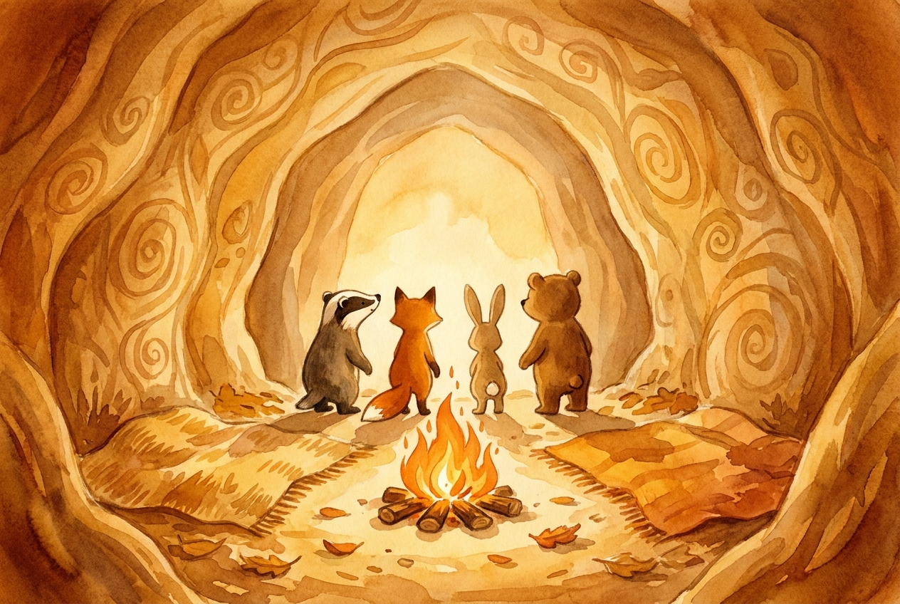 Die Tiere stehen zwischen Feuer und Lichtsaum; offen, ob sie hinausgehen – ein Moment des Staunens, keine Belehrung.