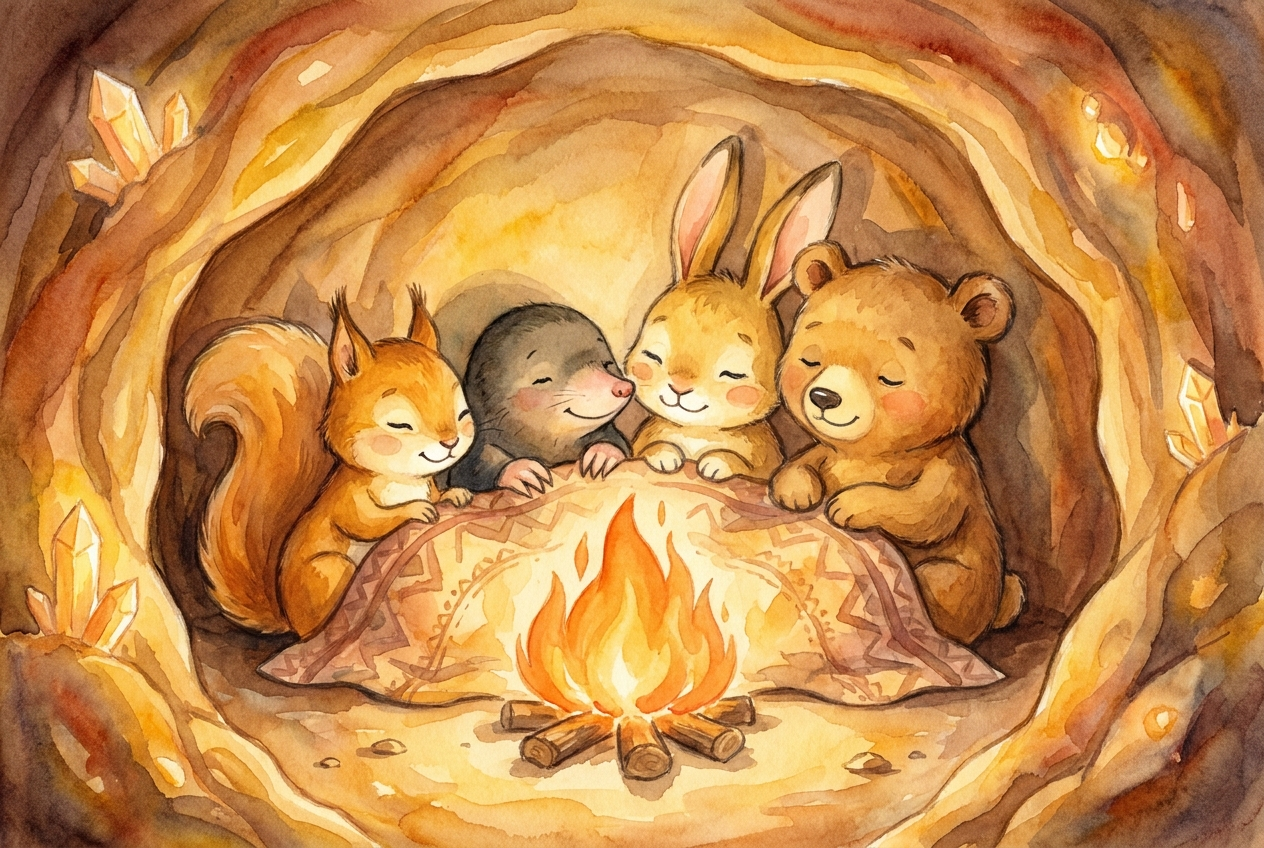 Naher, warmer Blick: die vier Tiere dicht beieinander am Feuer, halb der Wand, halb dem fernen Lichtsaum zugewandt; staunend, geborgen.