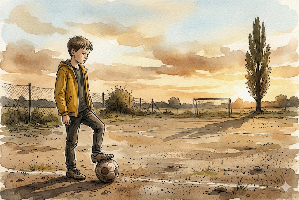 Querformat 3:2; Aquarell und Tinte, Federlinie, Pinselspuren, Papierkorn; gedämpfte Erdtöne, EIN Akzent senfgelbe Jacke. Lukas-Anker wie zuvor. Szene: Lukas steht still auf dem Platz, an einem Maschendrahtzaun lehnend; der Trainer (erwachsener Mann, Mütze, Klemmbrett) wendet sich gerade ab, das Gesicht halb abgewandt, unnahbar. Andere Kinder traben weg. Kühleres, fahles Licht, lange Schatten. Stimmung kippt.