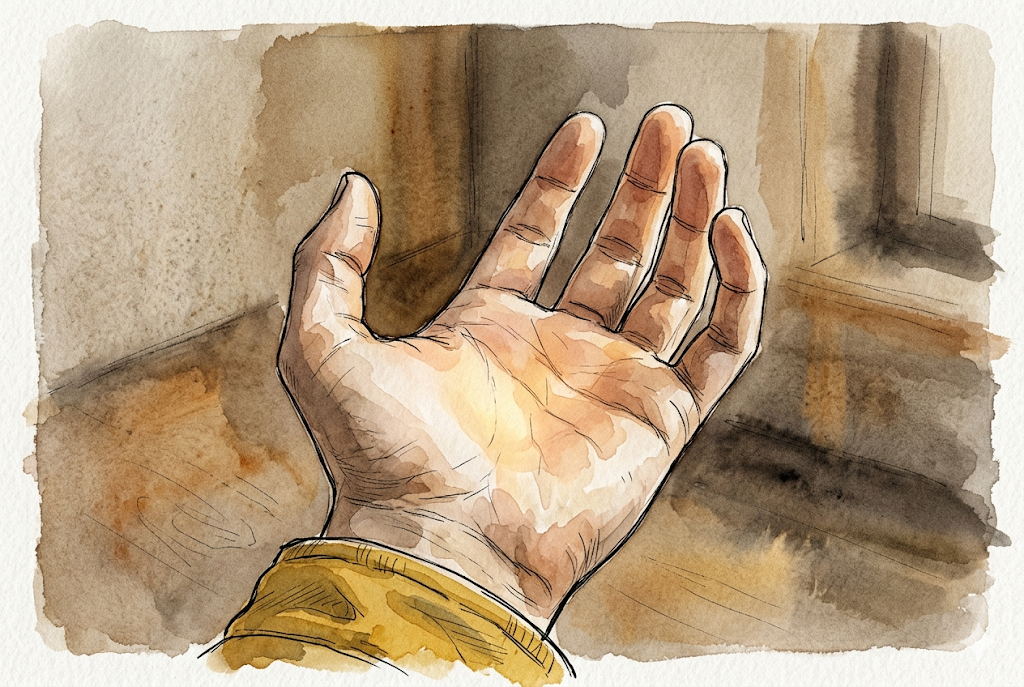 Querformat 3:2; Aquarell und Tinte, lockere Federlinie, Pinselspuren, Papierkorn; gedämpfte Erdtöne, Akzent senfgelbe Jacke. Lukas-Anker. Szene: Großaufnahme von Lukas' Hand, die sich langsam aus einer Faust öffnet – die Finger gerade erst gelöst, nicht ganz flach. Es ist sichtbar Bewegung, ein Anfang, kein Ende. Das Licht liegt warm in der sich öffnenden Hand. Sehr ruhig, ernst, kein Kitsch. Nur die Geste – keine zweite Deutung im Bild.